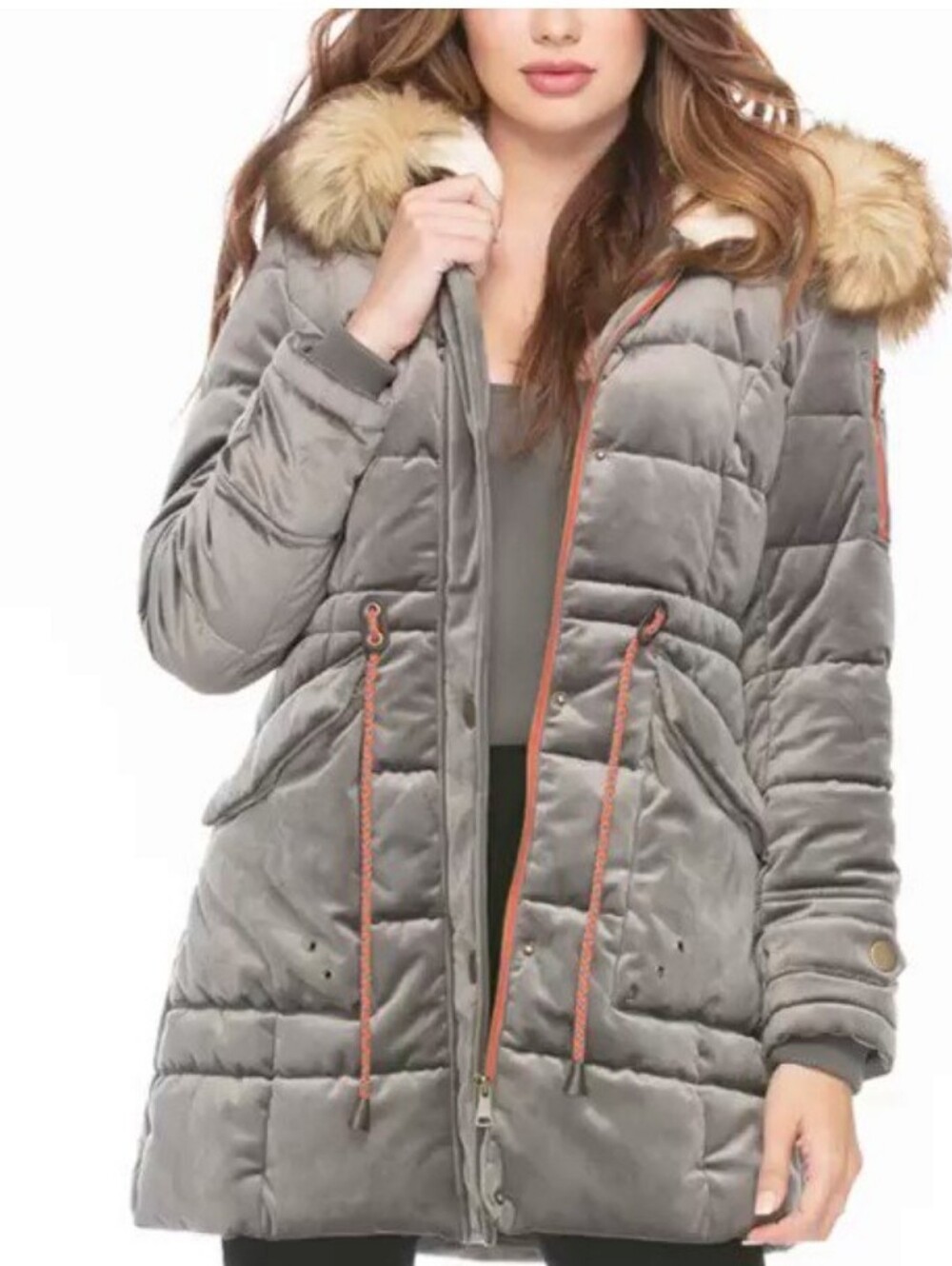 Gray Velvet Faux Fur Hooded Soft Fur Lined Long Puffer Coat Jacket
